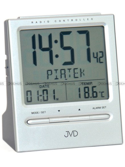 Budzik cyfrowy sterowany radiowo JVD RB9299.1 srebrny z datą w języku polskim